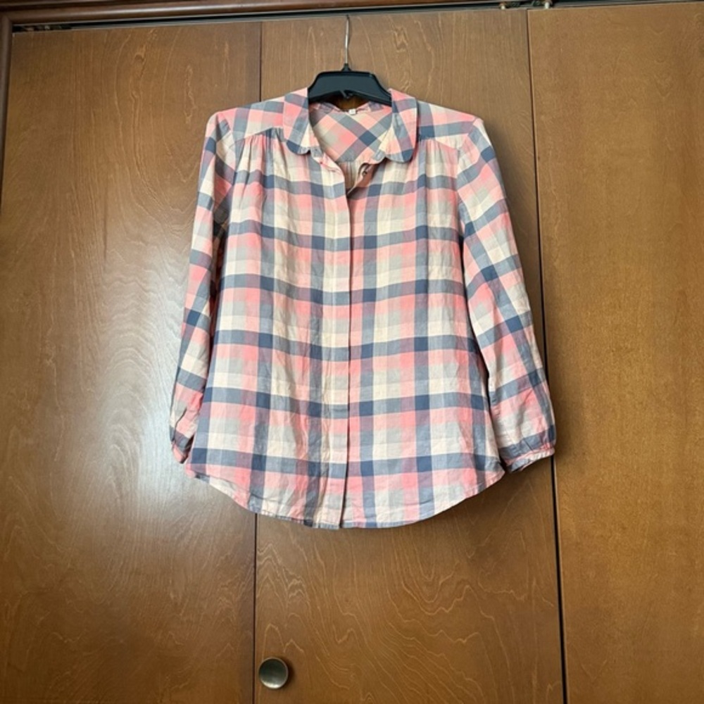 Broadway & Broome Madewell Peach, Blue & Tan Plaid Button-Up Shirt Sz Juniors Lg